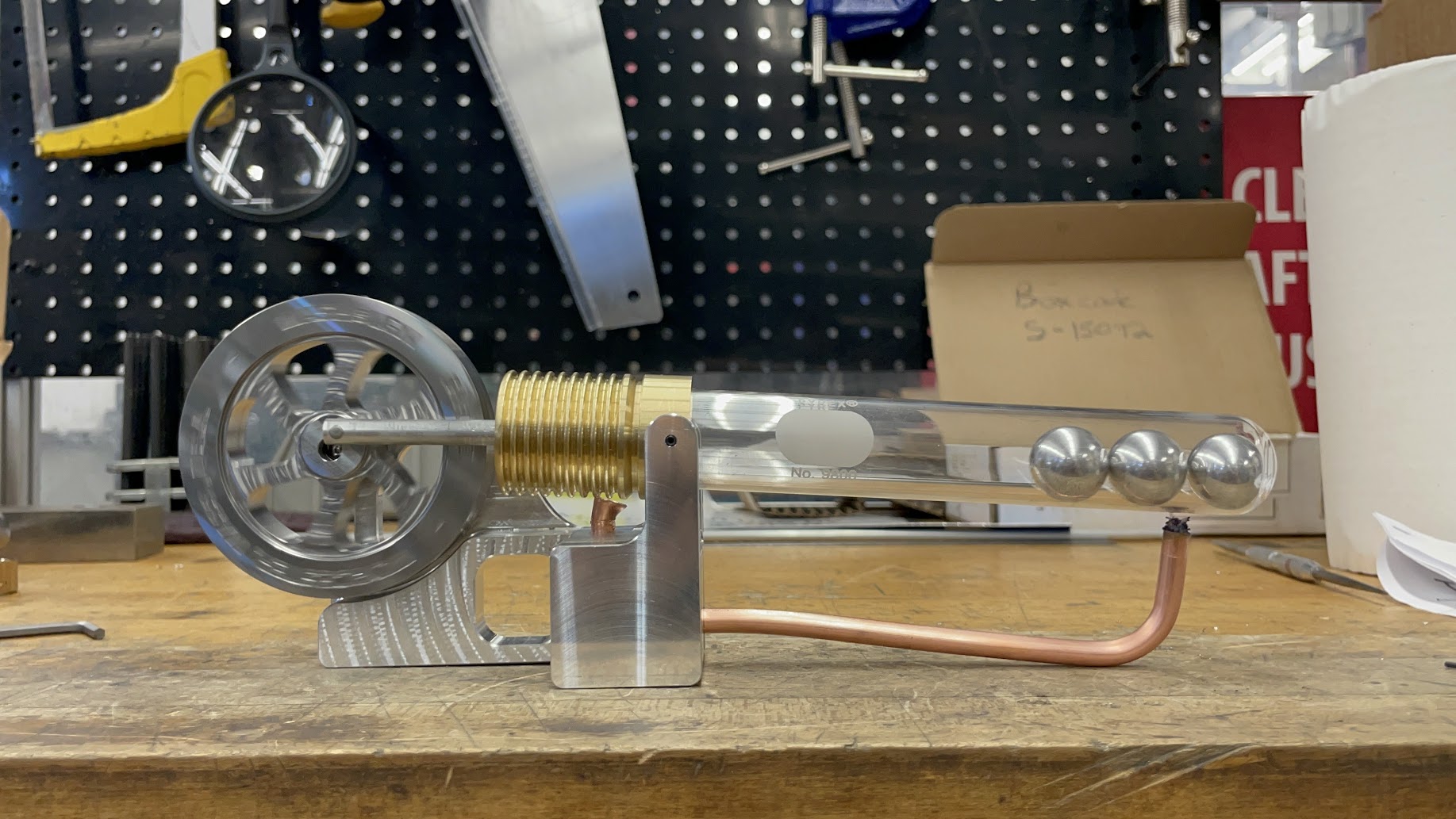 Photo of the fully assembled rolling ball Stirling engine.
